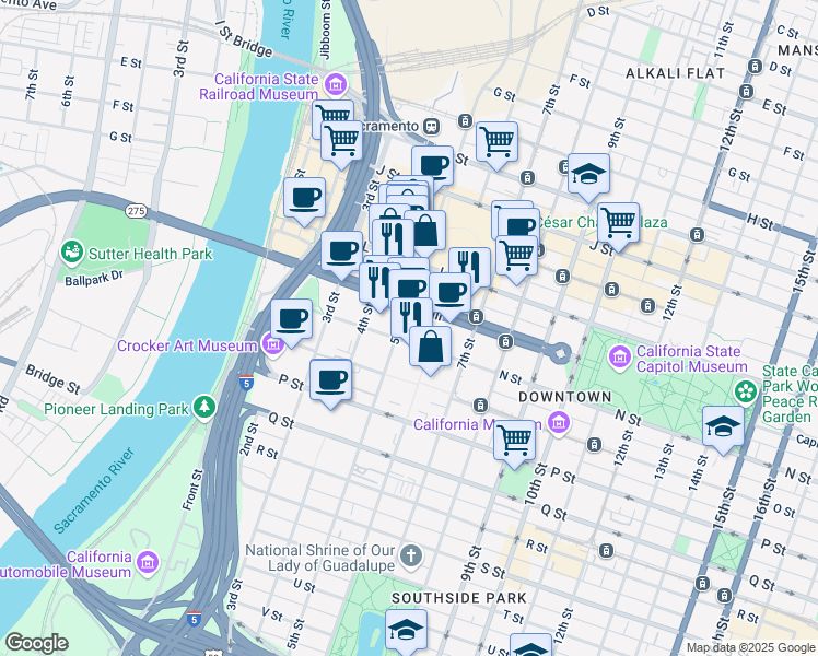 map of restaurants, bars, coffee shops, grocery stores, and more near 500 Capitol Mall in Sacramento