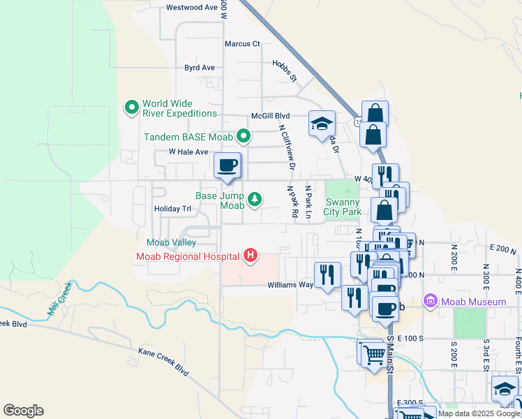 map of restaurants, bars, coffee shops, grocery stores, and more near 380 West Park Drive in Moab
