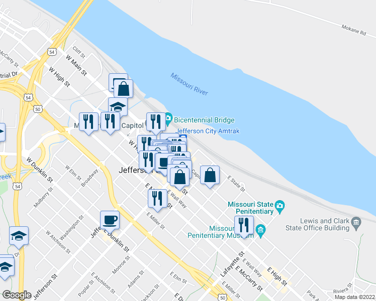 map of restaurants, bars, coffee shops, grocery stores, and more near 100 Madison Street in Jefferson City