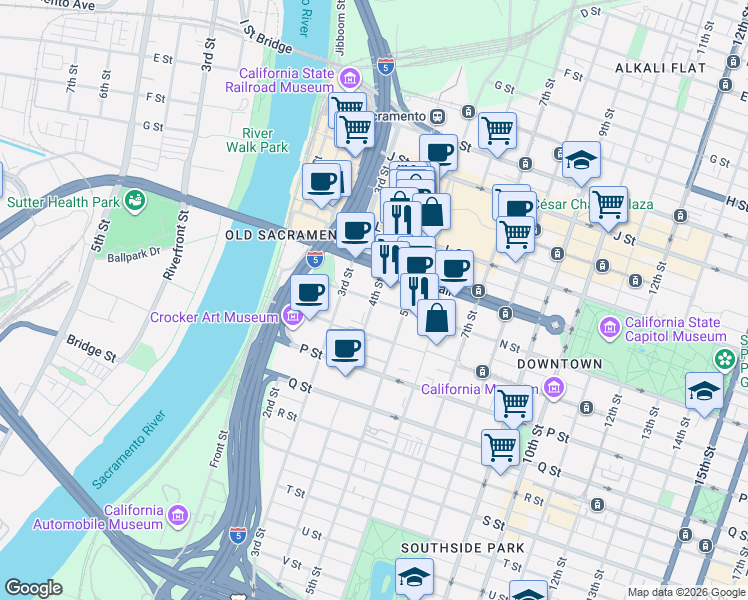 map of restaurants, bars, coffee shops, grocery stores, and more near N Street & 4th Street in Sacramento