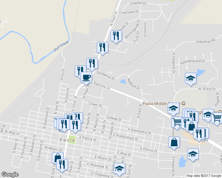 map of restaurants, bars, coffee shops, grocery stores, and more near 306 Baptiste Drive in Paola