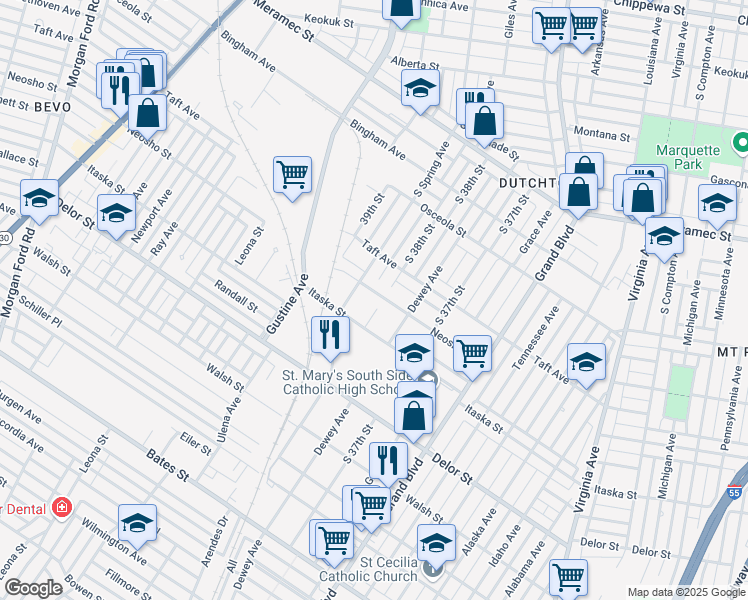 map of restaurants, bars, coffee shops, grocery stores, and more near 3832 Neosho Street in St. Louis