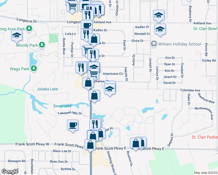 map of restaurants, bars, coffee shops, grocery stores, and more near 26 Chateau Drive in Fairview Heights