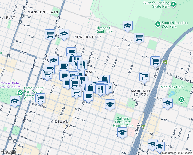 map of restaurants, bars, coffee shops, grocery stores, and more near 727 22nd Street in Sacramento