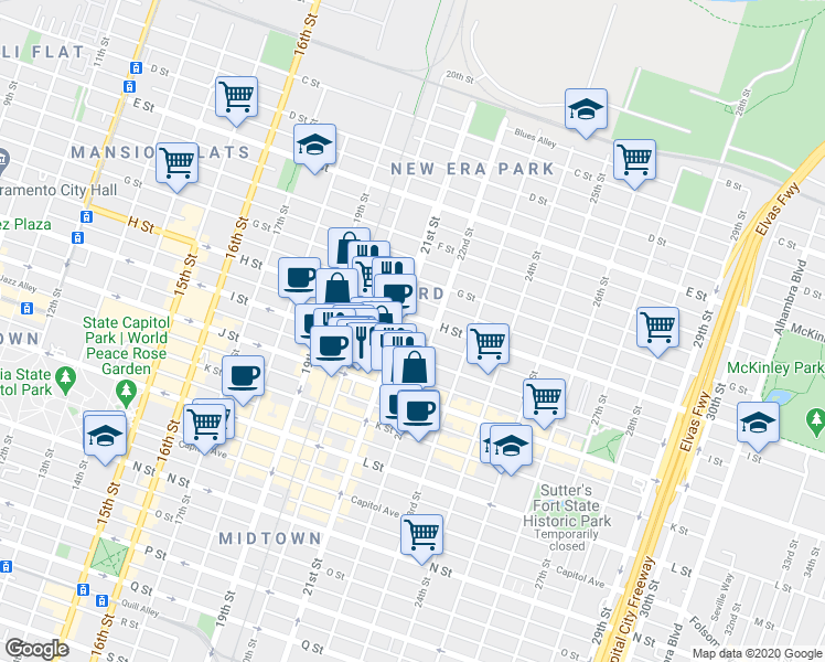 map of restaurants, bars, coffee shops, grocery stores, and more near 801 21st Street in Sacramento