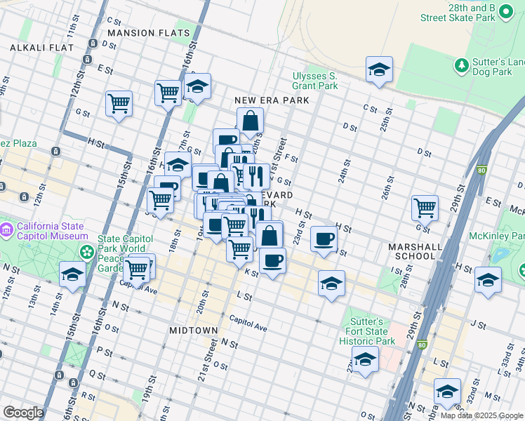 map of restaurants, bars, coffee shops, grocery stores, and more near 801 21st Street in Sacramento
