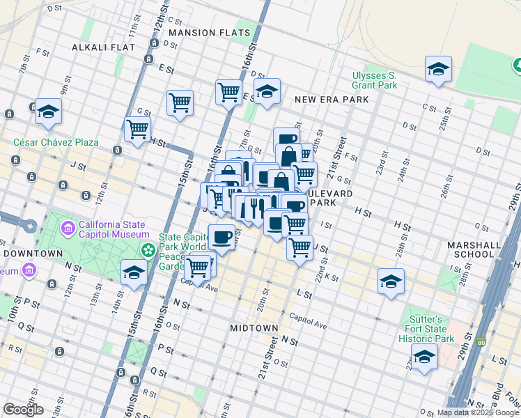 map of restaurants, bars, coffee shops, grocery stores, and more near 1801 I Street in Sacramento