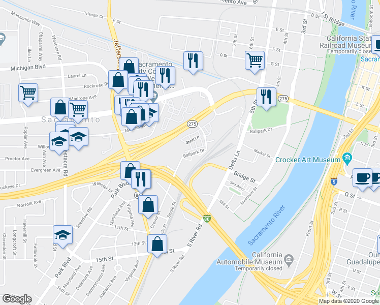 map of restaurants, bars, coffee shops, grocery stores, and more near 839 Copper Lane in West Sacramento