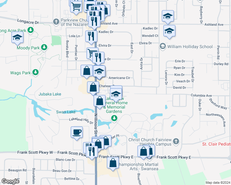 map of restaurants, bars, coffee shops, grocery stores, and more near 26 Chateau Drive in Fairview Heights
