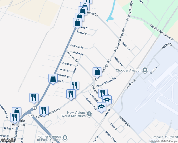 map of restaurants, bars, coffee shops, grocery stores, and more near 124 Kinder Street in Cahokia