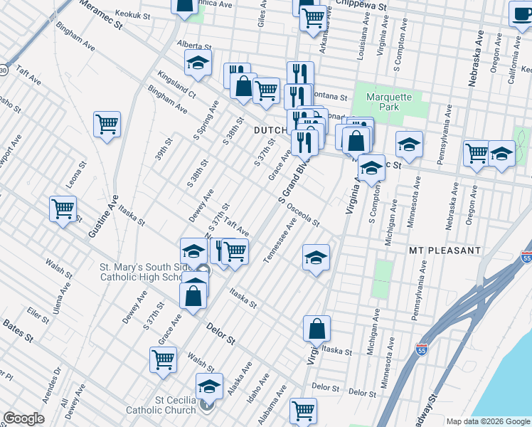 map of restaurants, bars, coffee shops, grocery stores, and more near 4424 Grace Avenue in St. Louis