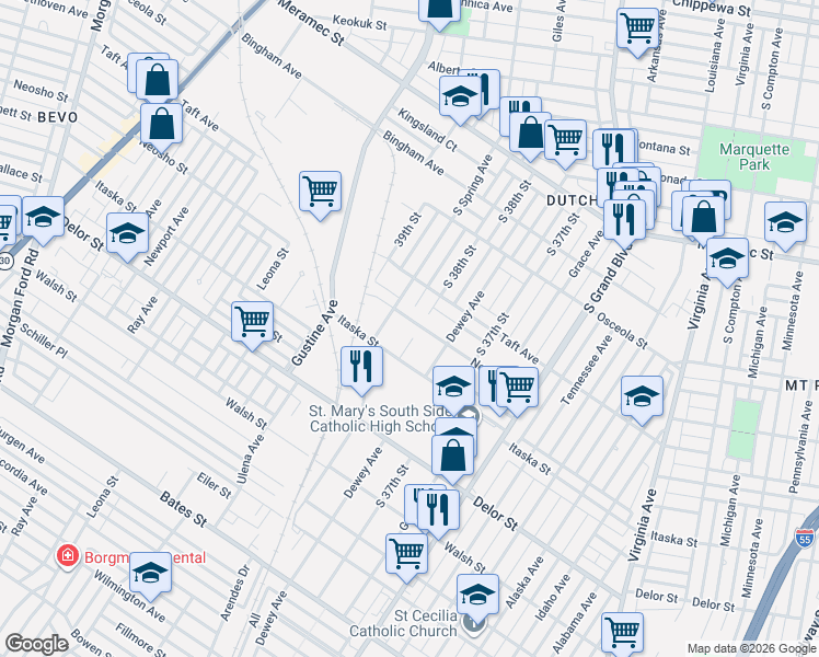 map of restaurants, bars, coffee shops, grocery stores, and more near 3832 Neosho Street in St. Louis