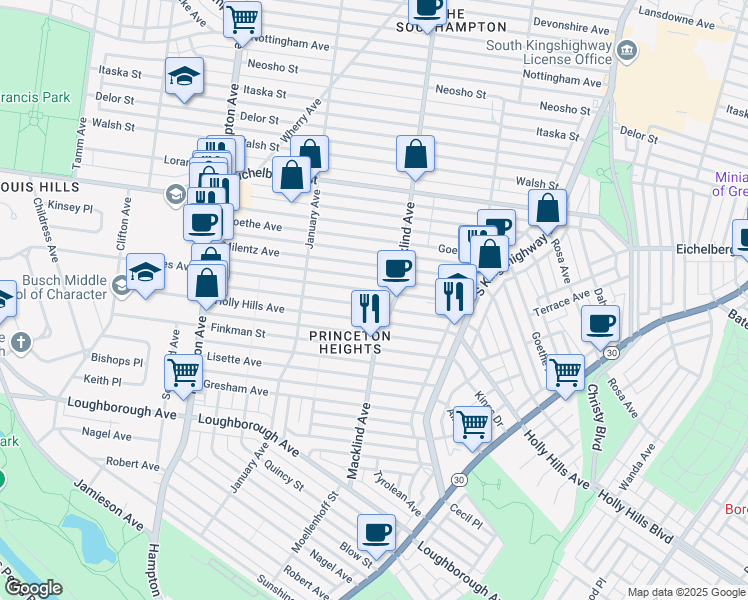 map of restaurants, bars, coffee shops, grocery stores, and more near 5421 Rhodes Avenue in St. Louis