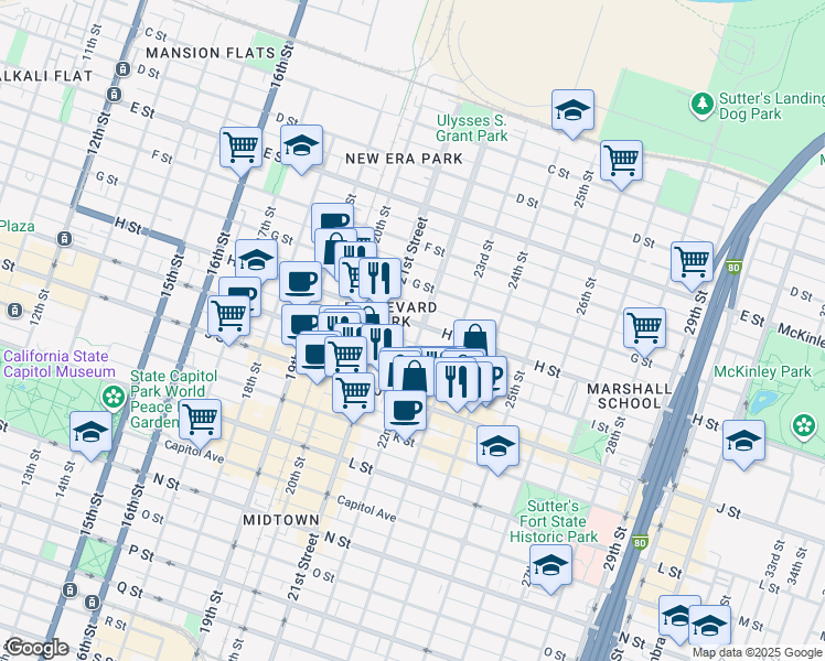 map of restaurants, bars, coffee shops, grocery stores, and more near 727 22nd Street in Sacramento