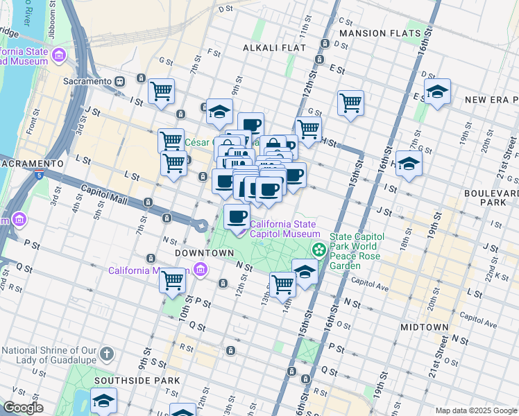 map of restaurants, bars, coffee shops, grocery stores, and more near 1100 K Street in Sacramento