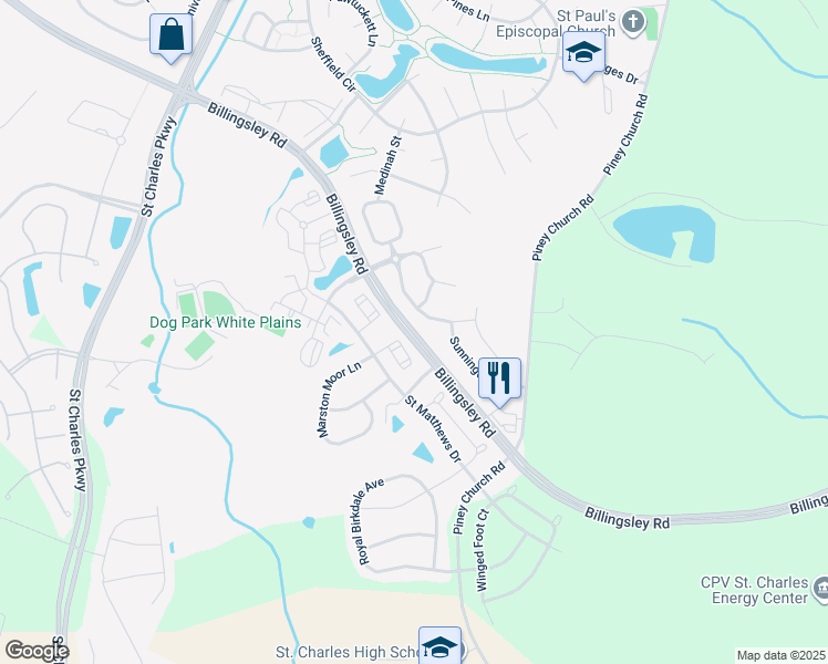 map of restaurants, bars, coffee shops, grocery stores, and more near Billingsley Road in Waldorf
