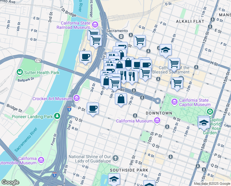 map of restaurants, bars, coffee shops, grocery stores, and more near 537 N Street in Sacramento