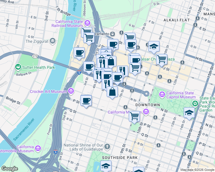map of restaurants, bars, coffee shops, grocery stores, and more near 500 Capitol Mall in Sacramento