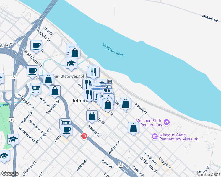 map of restaurants, bars, coffee shops, grocery stores, and more near 100 Madison Street in Jefferson City