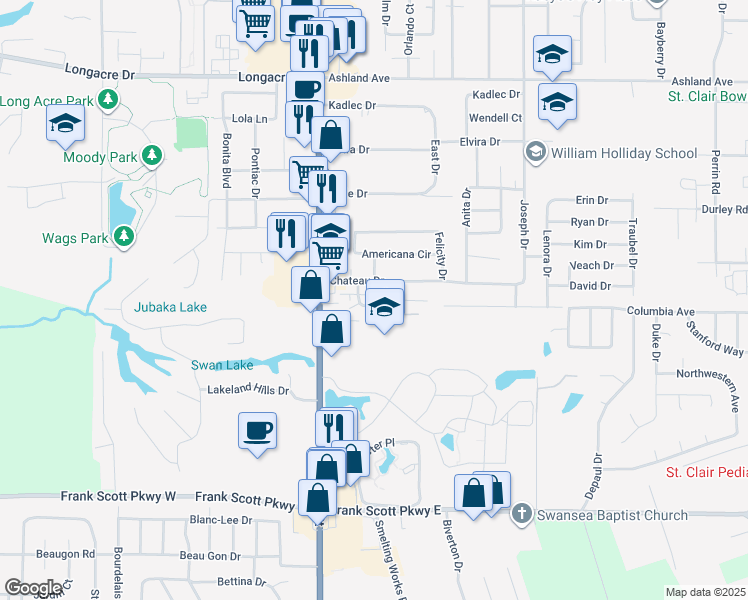 map of restaurants, bars, coffee shops, grocery stores, and more near 26 Chateau Drive in Fairview Heights