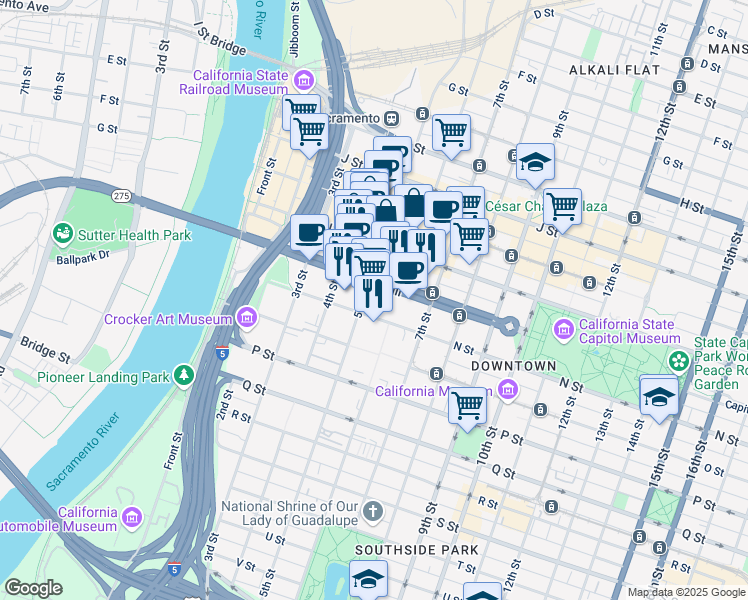 map of restaurants, bars, coffee shops, grocery stores, and more near 500 Capitol Mall in Sacramento