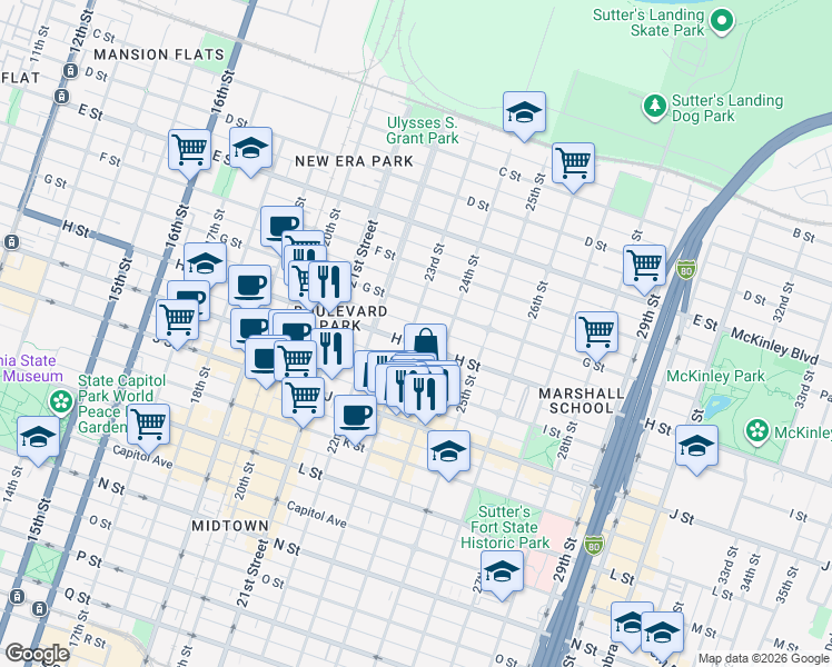 map of restaurants, bars, coffee shops, grocery stores, and more near 731 23rd Street in Sacramento