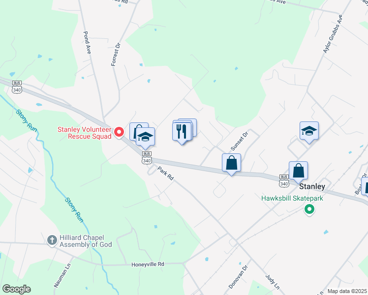 map of restaurants, bars, coffee shops, grocery stores, and more near 558 West Main Street in Stanley