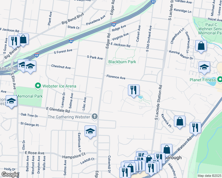 map of restaurants, bars, coffee shops, grocery stores, and more near 39 Chestnut Hill Lane in St. Louis