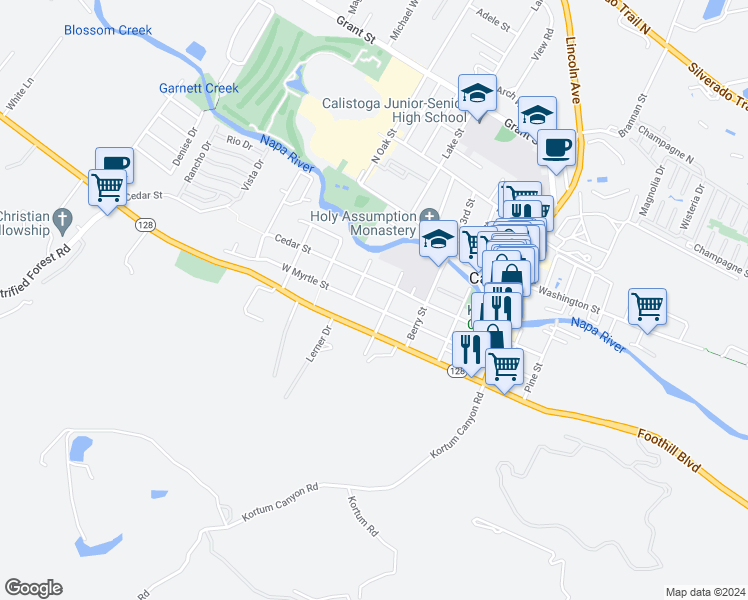 map of restaurants, bars, coffee shops, grocery stores, and more near 1601 Cedar Street in Calistoga