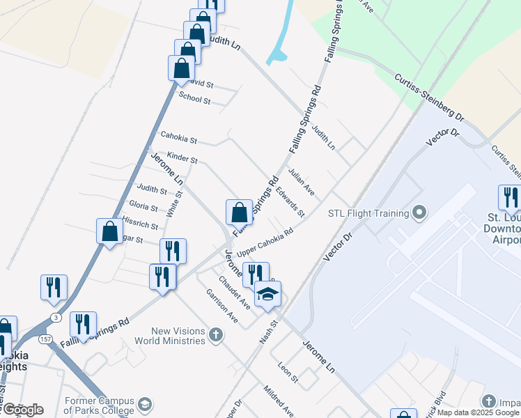 map of restaurants, bars, coffee shops, grocery stores, and more near 3612 Falling Springs Road in Cahokia
