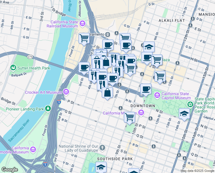 map of restaurants, bars, coffee shops, grocery stores, and more near 609 Capitol Mall in Sacramento