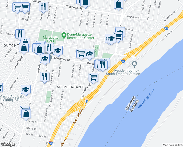 map of restaurants, bars, coffee shops, grocery stores, and more near 4247 Iowa Avenue in St. Louis