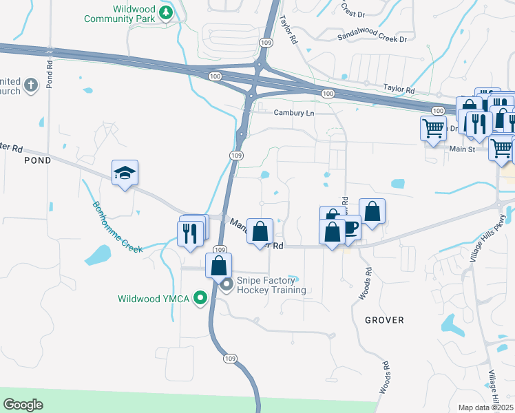 map of restaurants, bars, coffee shops, grocery stores, and more near 2559 Viola Gill Lane in Wildwood