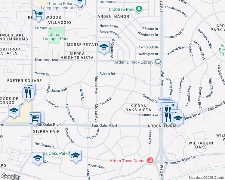 map of restaurants, bars, coffee shops, grocery stores, and more near 3180 Barberry Lane in Sacramento