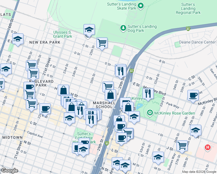 map of restaurants, bars, coffee shops, grocery stores, and more near 521 28th Street in Sacramento