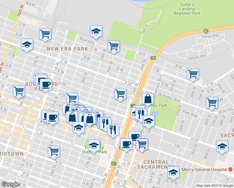map of restaurants, bars, coffee shops, grocery stores, and more near 2631 F Street in Sacramento