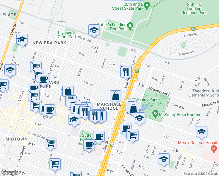 map of restaurants, bars, coffee shops, grocery stores, and more near 2631 F Street in Sacramento