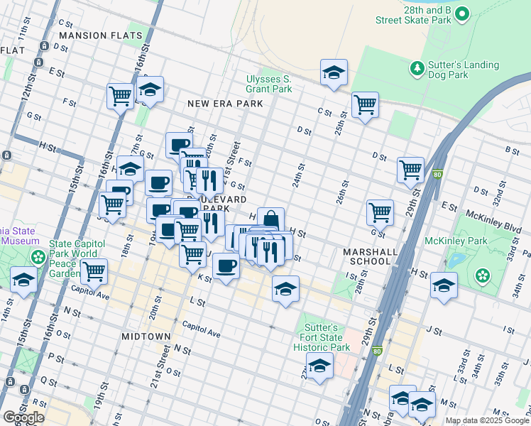 map of restaurants, bars, coffee shops, grocery stores, and more near 7 23rd Street in Sacramento