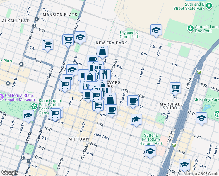 map of restaurants, bars, coffee shops, grocery stores, and more near 801 21st Street in Sacramento