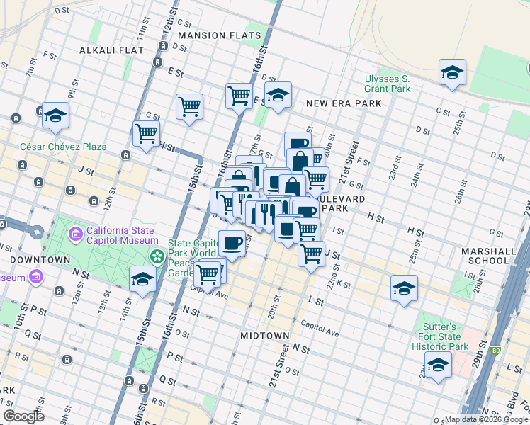 map of restaurants, bars, coffee shops, grocery stores, and more near 1801 I Street in Sacramento