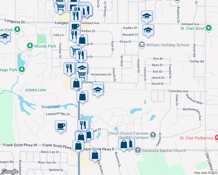 map of restaurants, bars, coffee shops, grocery stores, and more near 46 Chateau Drive in Fairview Heights