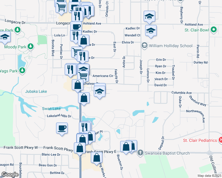 map of restaurants, bars, coffee shops, grocery stores, and more near 46 Chateau Drive in Fairview Heights