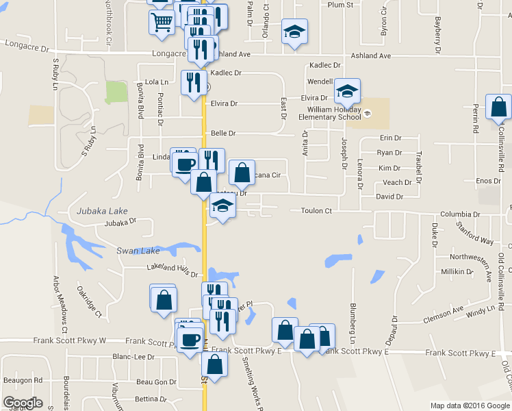 map of restaurants, bars, coffee shops, grocery stores, and more near 26 Chateau Drive in Fairview Heights