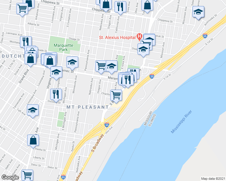 map of restaurants, bars, coffee shops, grocery stores, and more near 4234 California Avenue in St. Louis