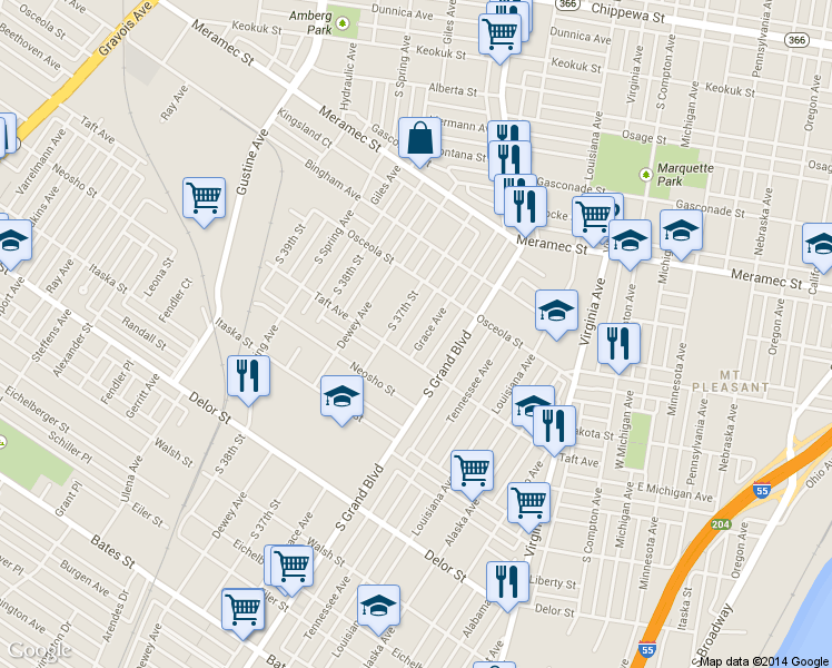 map of restaurants, bars, coffee shops, grocery stores, and more near 4446 South 37th Street in St. Louis