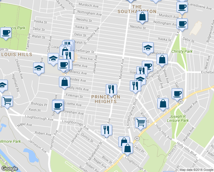 map of restaurants, bars, coffee shops, grocery stores, and more near 5461 Rhodes Avenue in St. Louis