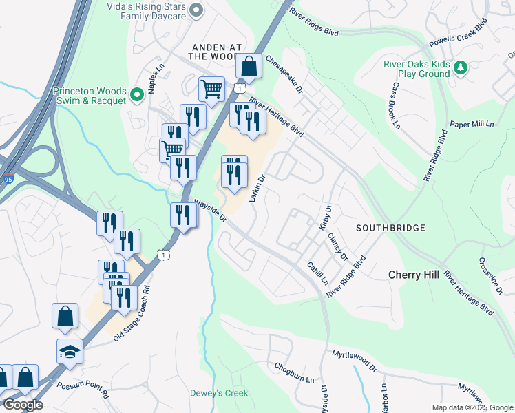 map of restaurants, bars, coffee shops, grocery stores, and more near 17239 Larkin Drive in Dumfries