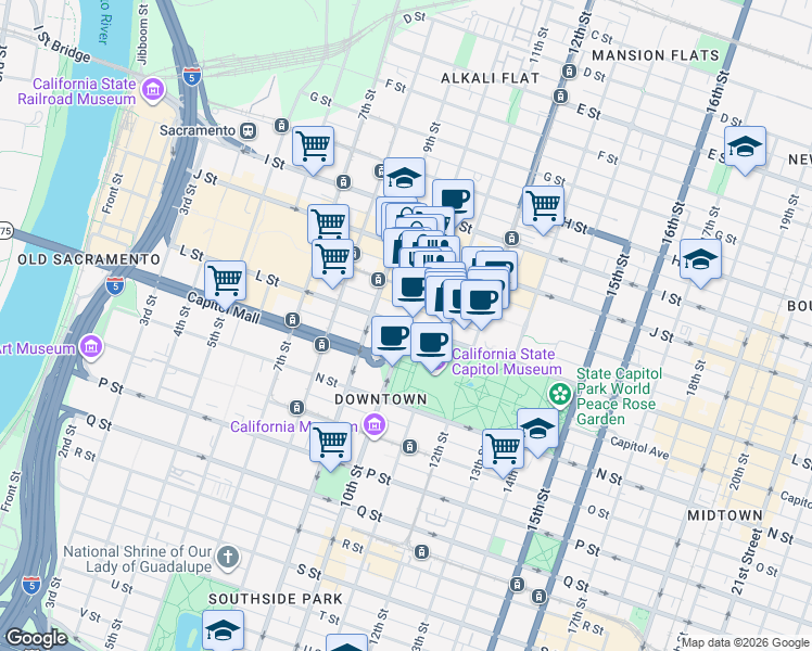 map of restaurants, bars, coffee shops, grocery stores, and more near in Sacramento