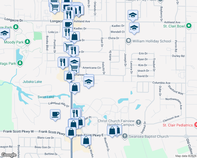 map of restaurants, bars, coffee shops, grocery stores, and more near 46 Chateau Drive in Fairview Heights
