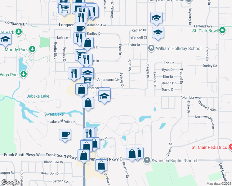 map of restaurants, bars, coffee shops, grocery stores, and more near 46 Chateau Drive in Fairview Heights